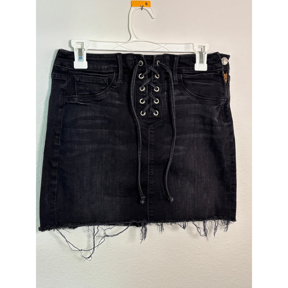Good American Black Lace Up Denim Mini Skirt Frayed Hem Size 6/28